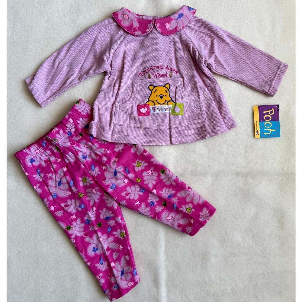 Vintage 90s Disney Pooh Pants Set Girls Size 12M Pink Floral Hundred Acre Wood